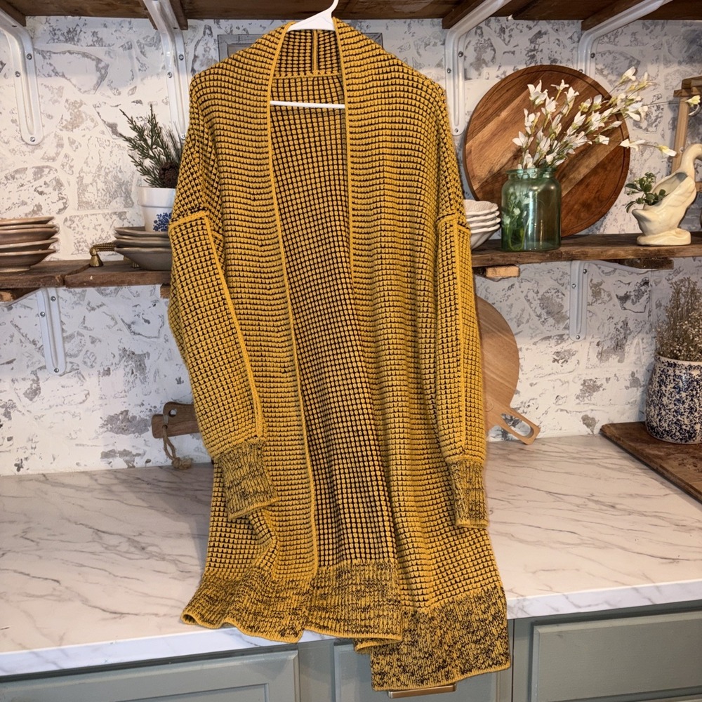 Woman's Mustard Yellow Long Duster Sweater Cardigan Size L Cozy Grannycore Fall